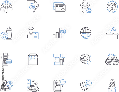 Market outline icons collection. market, trading, stocks, commodities, investing, retail, selling vector and illustration concept set. consumers, demand, supply linear signs