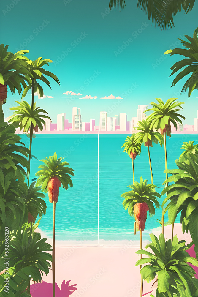 80s vibe tropical beach with palm trees. Generative AI