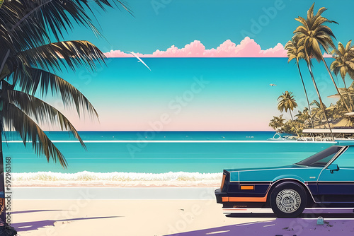 Tropical beach background with palm trees and a vintage car. Generative AI