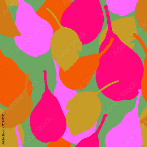 trendy seamless pattern, bright silhouettes of pears and leaves, texture endless juicy colorful fruity summer pattern