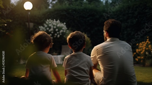 Father's Day illustration - Back view of father sitting with his children, Generative Ai