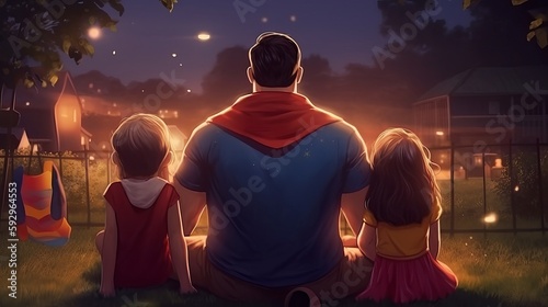 Father s Day illustration - Back view of father sitting with his children  Generative Ai