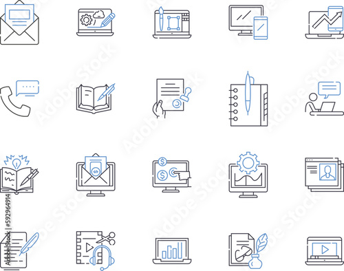 Remote business work outline icons collection. Remote, Business, Work, Telecommute, Digital, Flexible, Online vector and illustration concept set. Virtual, Running, Access linear signs