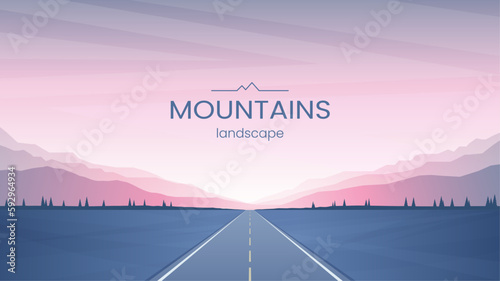 The road that leads to the mountains. Mountain ranges on the horizon. The sun lights up the evening sky. Summer trips. Vector image. Minimalist flat style. Background, banner, wallpaper design.