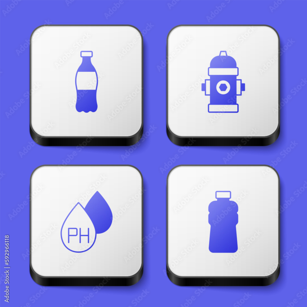 Set Bottle of water, Fire hydrant, Water drop and icon. White square button. Vector Set Bottle of water, Fire hydrant, Water drop and icon. White square button. Vector
