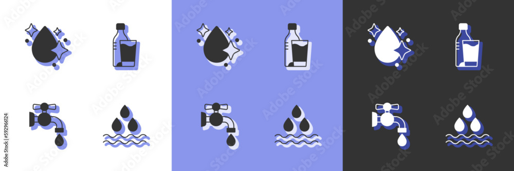 Set Water drop, tap and Bottle of water with glass icon. Vector