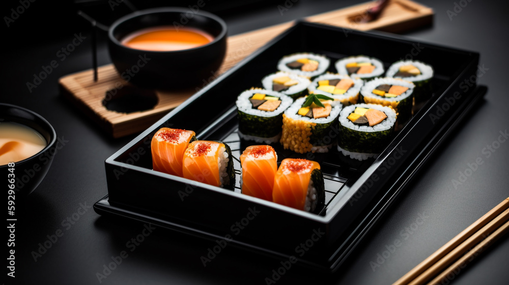 black plate with sushi and chopsticks. Generative Ai black plate with sushi and chopsticks. Generative Ai