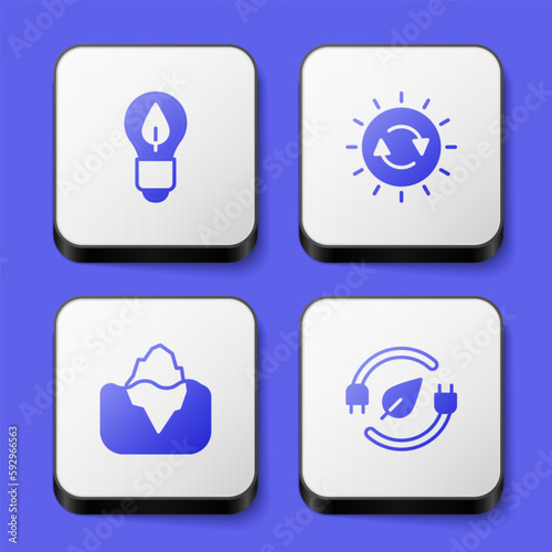 Set Light bulb with leaf, Solar energy panel, Iceberg and Electric saving plug in icon. White square button. Vector