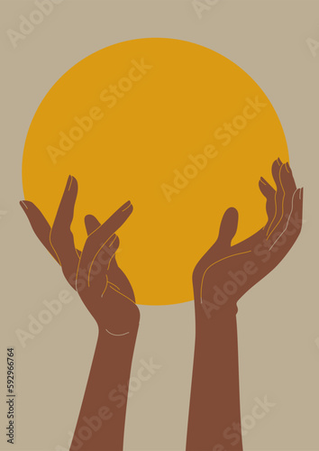 Retro sun with hand mystic poster illustration. Tarot card minimalist vector illustration