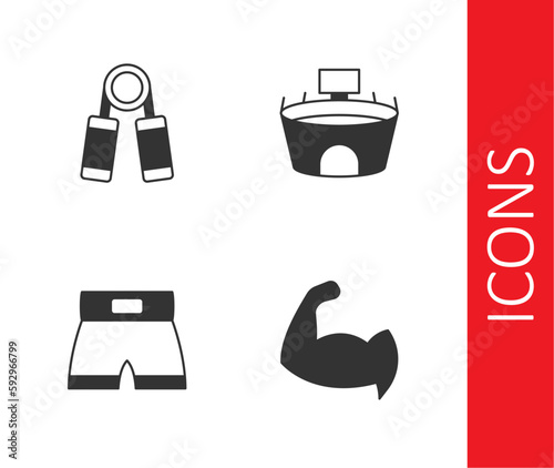 Set Bodybuilder showing his muscles, Sport expander, Boxing short and Stadium icon. Vector