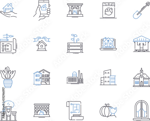 interior design studio outline icons collection. Interior, Design, Studio, Residential, Commercial, Bedrooms, Kitchens vector and illustration concept set. Living, Spaces, Consulting linear signs