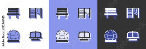Set Attraction carousel, Bench, Playground climbing equipment and Swedish wall icon. Vector