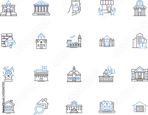Real estate outline icons collection. Realty, Property, Broker, Studio, Condo, Mansion, Investment vector and illustration concept set. Lease, Residence, Home linear signs
