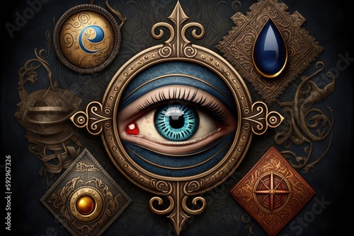 evil eye, surrounded by other traditional symbols of protection, such as cross and lucky charms, created with generative ai