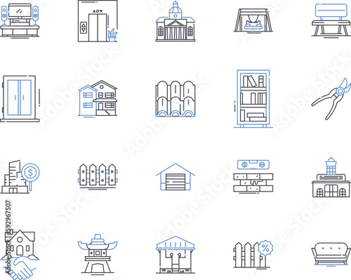 Apartment construction outline icons collection. Building, Apartment, Constructing, Engineering, Architecture, Designing, Contractors vector and illustration concept set. Steel, Concrete, Masonry