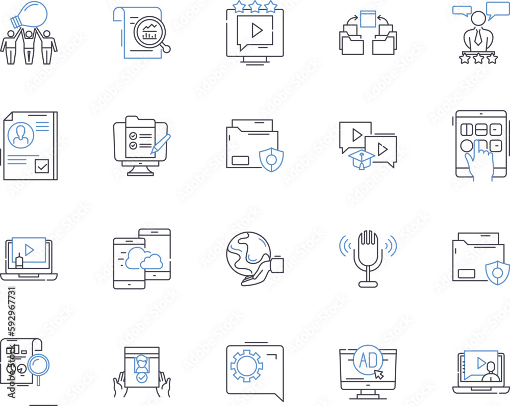journalism outline icons collection. Reporting, Writing, Editing, Newsgathering, Journalism, Investigative, Multimedia vector and illustration concept set. Digital,Breaking, Headlines linear signs