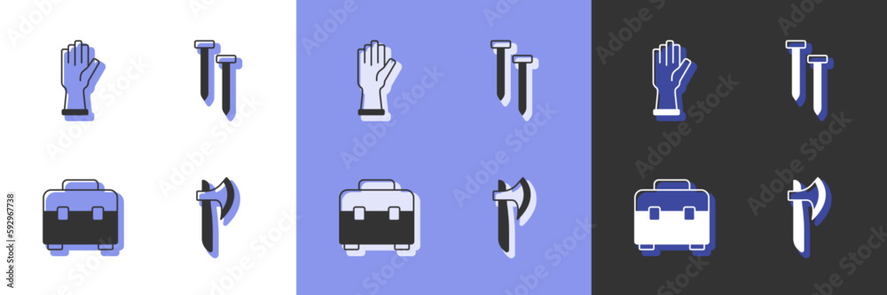 Set Wooden axe, Protective gloves, Toolbox and Metallic nails icon. Vector