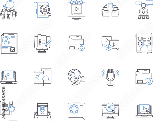 journalism outline icons collection. Reporting, Writing, Editing, Newsgathering, Journalism, Investigative, Multimedia vector and illustration concept set. Digital,Breaking, Headlines linear signs