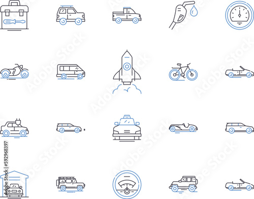 Transport service outline icons collection. Transportation, Shipping, Delivery, Courier, Logistics, Freight, Moving vector and illustration concept set. Hauling, Cruise, Rail linear signs
