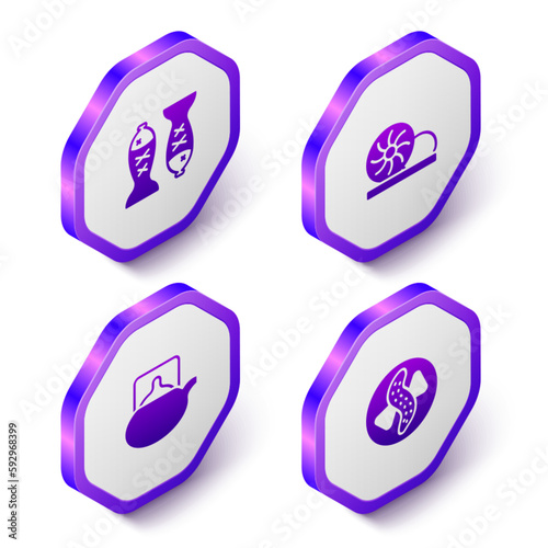 Set Isometric Served fish on a plate, Xiao long bao, Traditional tea ceremony and cucumber icon. Purple hexagon button. Vector