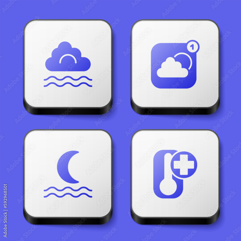 Set Fog and cloud, Weather forecast app, Night fog smoke and Thermometer icon. White square button. Vector Set Fog and cloud, Weather forecast app, Night fog smoke and Thermometer icon. White square button. Vector
