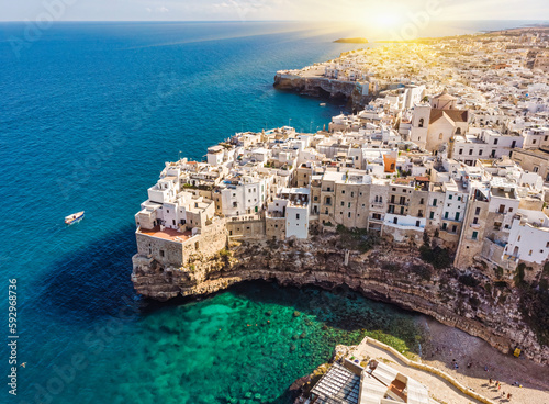 Fototapeta Naklejka Na Ścianę i Meble -  Polignano a Mare drone shot. Aerial view shot of Cala Paura in Puglia, Polignano.