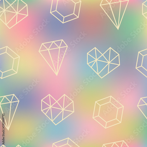 Repeating outline of a diamond and a heart on a bright multi-colored summer background.
