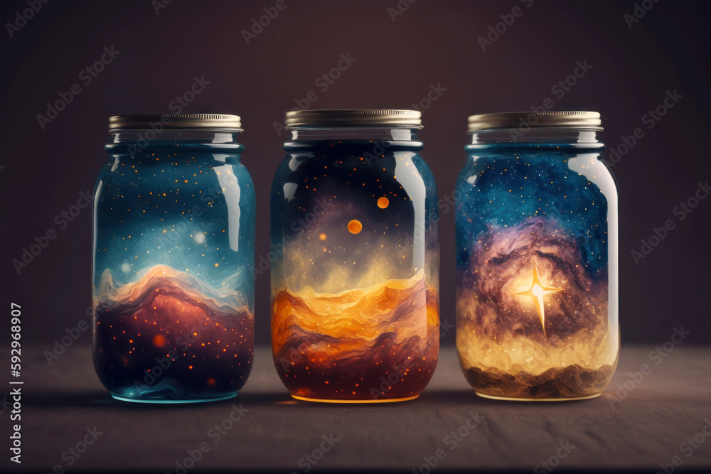 Three Vibrant Jars Brimming with Colorful Galaxies and Whimsical Fantasies - Generative AI Three Vibrant Jars Brimming with Colorful Galaxies and Whimsical Fantasies - Generative AI