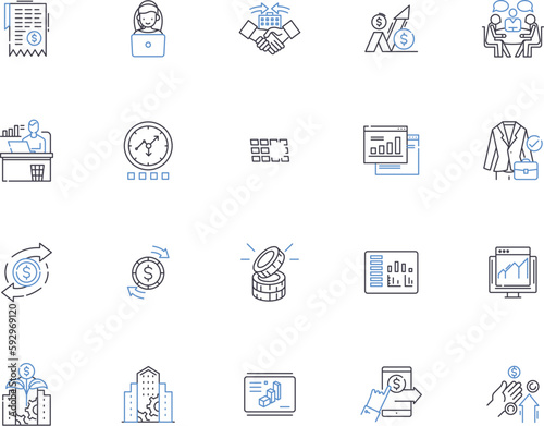 Business and finance outline icons collection. Finance, Business, Investment, Banking, Accounting, Management, Capital vector and illustration concept set. Economics, Stock, Wealth linear signs