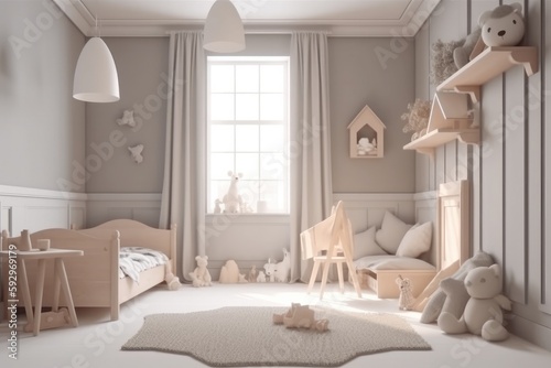 Modern bright white nursery room with toys for child as interior design illustration Generative AI
