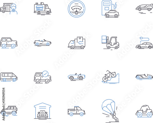 Vehicles outline icons collection. Cars, Trucks, Buses, Motors, Boats, Motorbikes, Scooters vector and illustration concept set. Vans, Lorries, Trailers linear signs