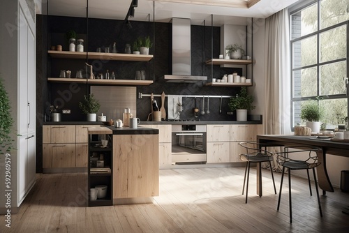 Kitchen interior design 3d render, 3d illustration. Generative AI © Lea