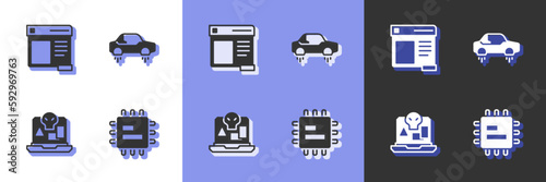 Set Processor CPU, Browser window, Internet piracy and Fantastic flying car icon. Vector