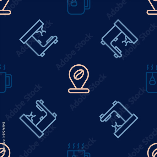 Set line Cup of tea with bag, Coffee machine and Location coffee bean on seamless pattern. Vector