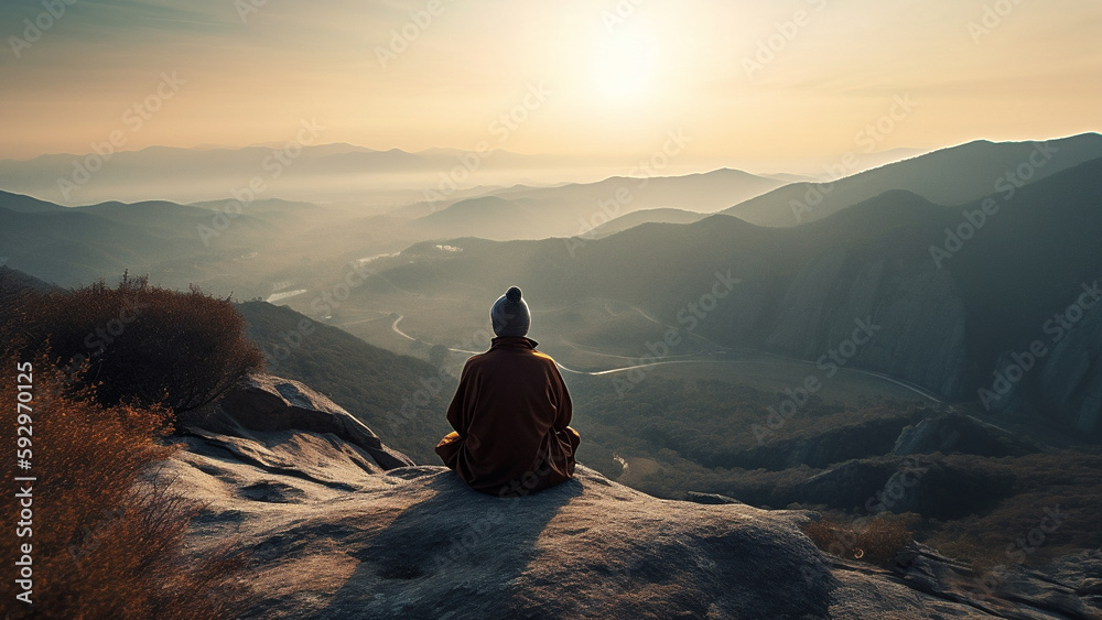 Man meditating on top of a mountain at sunset, sunrise