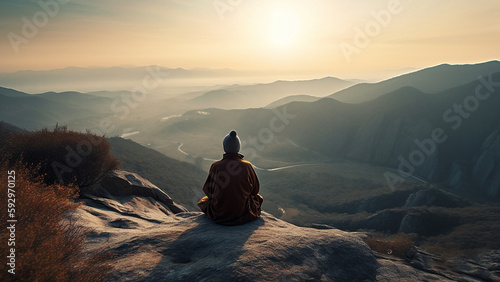 Man meditating on top of a mountain at sunset  sunrise