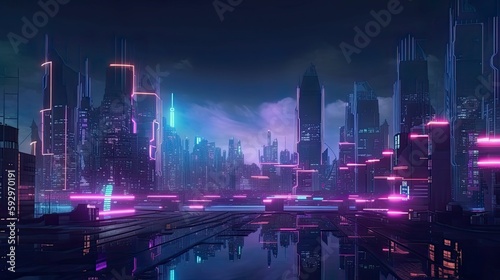 An image of a futuristic city skyline at night  with neon lights and glowing buildings - Generative AI