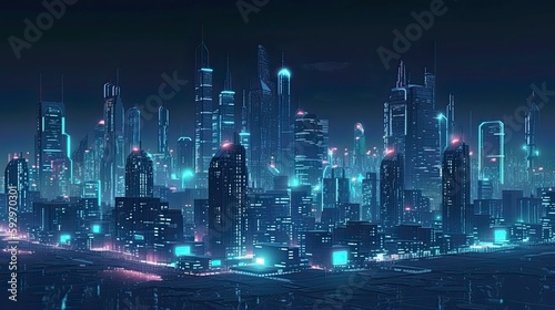 An image of a futuristic city skyline at night, with neon lights and glowing buildings - Generative AI