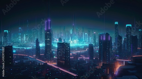 An image of a futuristic city skyline at night, with neon lights and glowing buildings - Generative AI