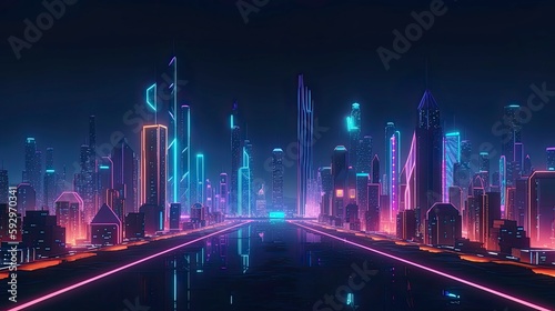 An image of a futuristic city skyline at night, with neon lights and glowing buildings - Generative AI