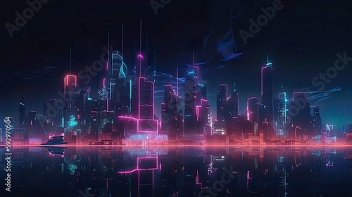An image of a futuristic city skyline at night, with neon lights and glowing buildings - Generative AI