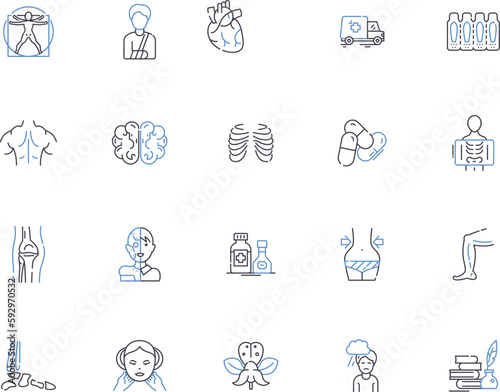 Clinic outline icons collection. Clinic, Medical, Healthcare, Therapy, Doctor, Diagnosis, Treatment vector and illustration concept set. Care, Nurse, Emergency linear signs