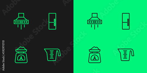 Set line Measuring cup, Scales, Kitchen extractor fan and Refrigerator icon. Vector