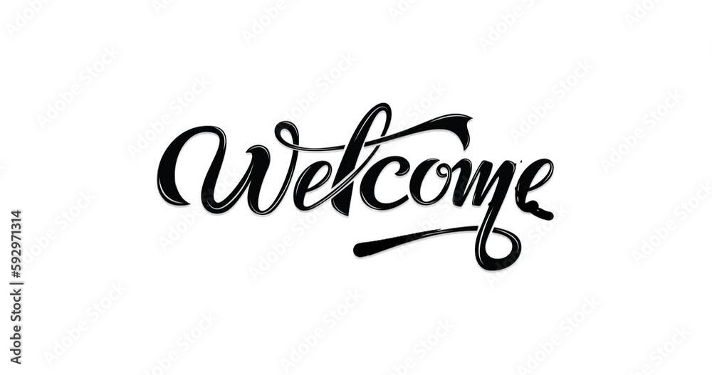 welcome text animation. Handwritten modern calligraphy in black color on the white screen alpha channel. Welcome animated