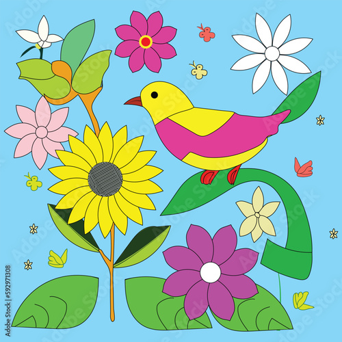 Many flowers and bird outline illustration-vector artwork