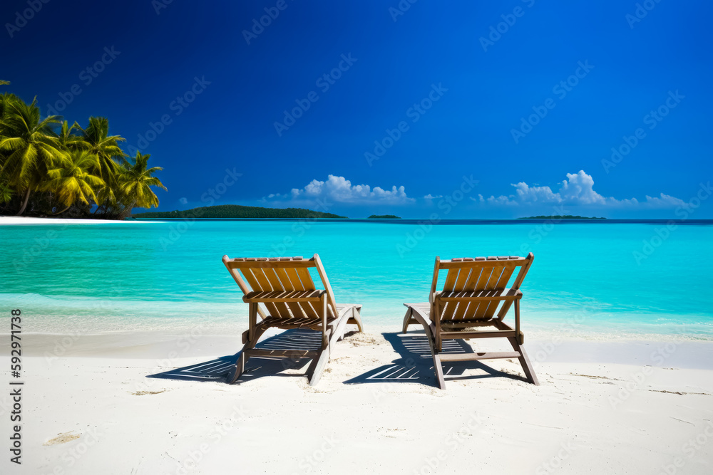 Two wooden chairs sitting on top of sandy beach next to the ocean. Generative AI.