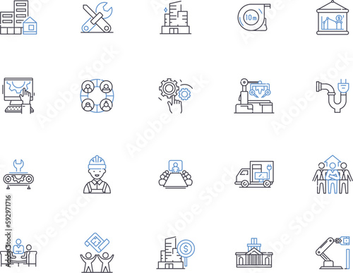 Factory outline icons collection. Factory, Manufacturing, Works, Plant, Warehouse, Manufacturing, Produce vector and illustration concept set. Machinery, Labor, Assemble linear signs