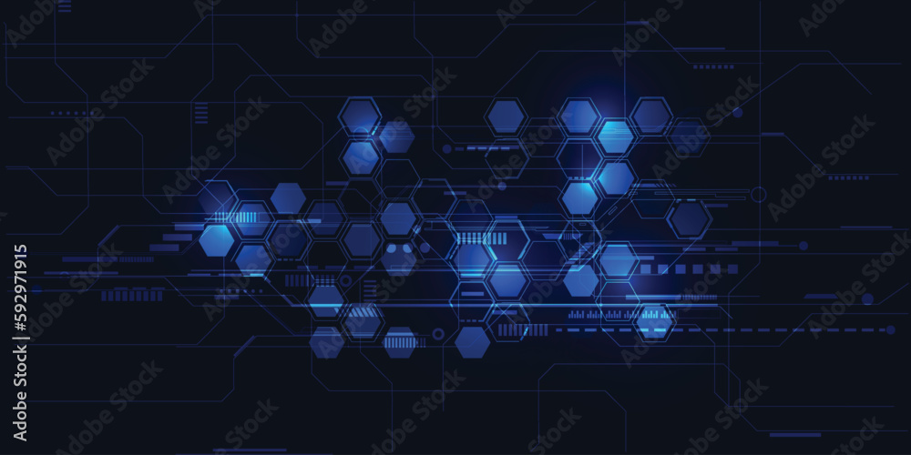 Vector illustrations of futuristic display for horizontal layout showcase with optic hexagon network and digital element grid line circuit decor.Future digital innonvation and technolog concept.