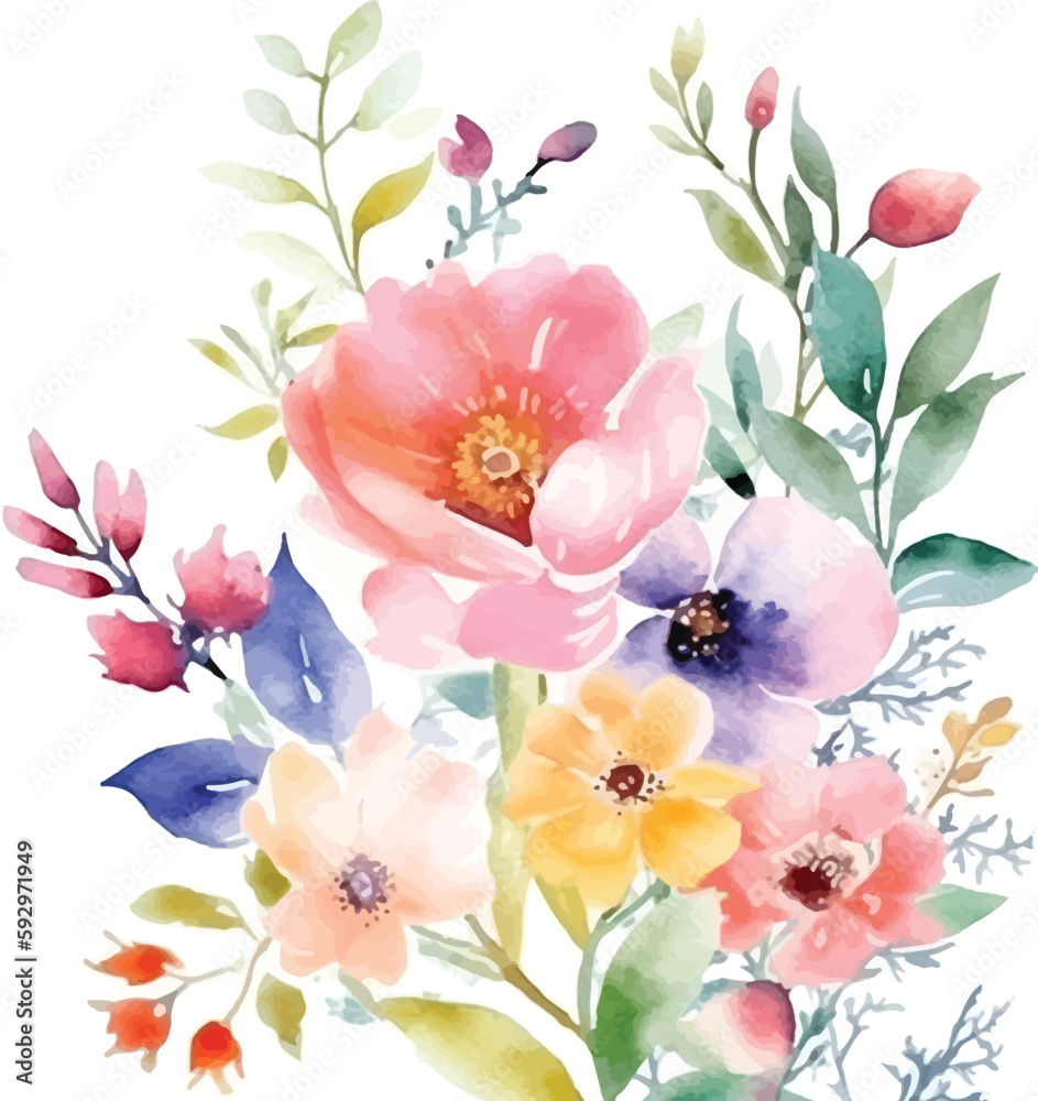 Beautiful romantic watercolor flower with roses. Bouquet decorated for flowers compositions, invitation letter, card design, decoration, banner