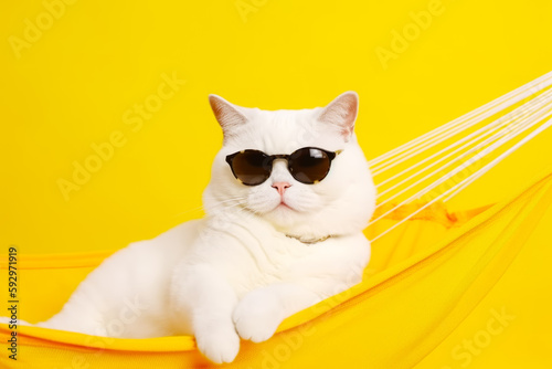 White cat wearing sunglasses laying in hammock on yellow background. Generative AI.